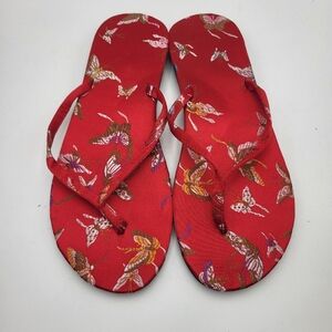 Asian Inspired Red With Butterfly Print Flip Flops - Size 9-10